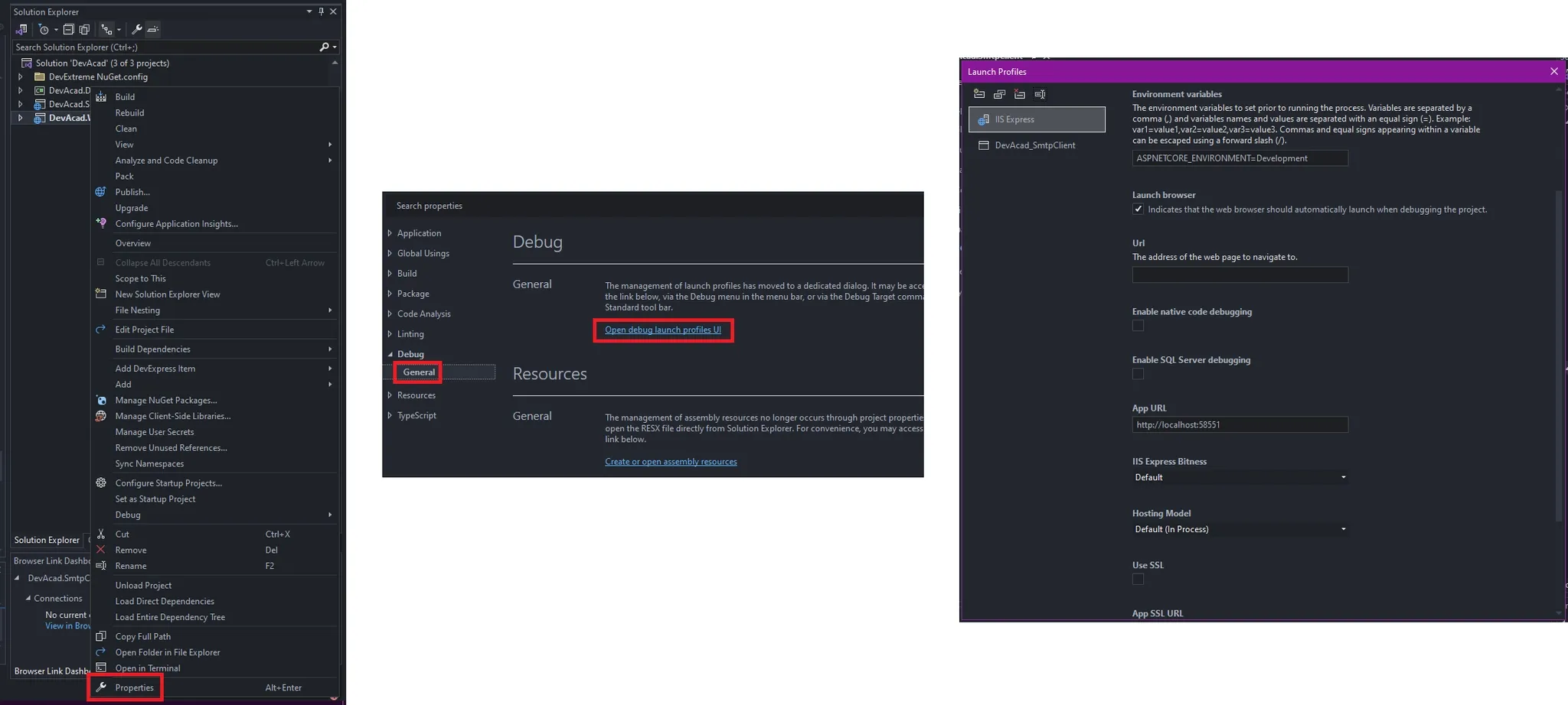 Debug launch profiles ui in visual studio