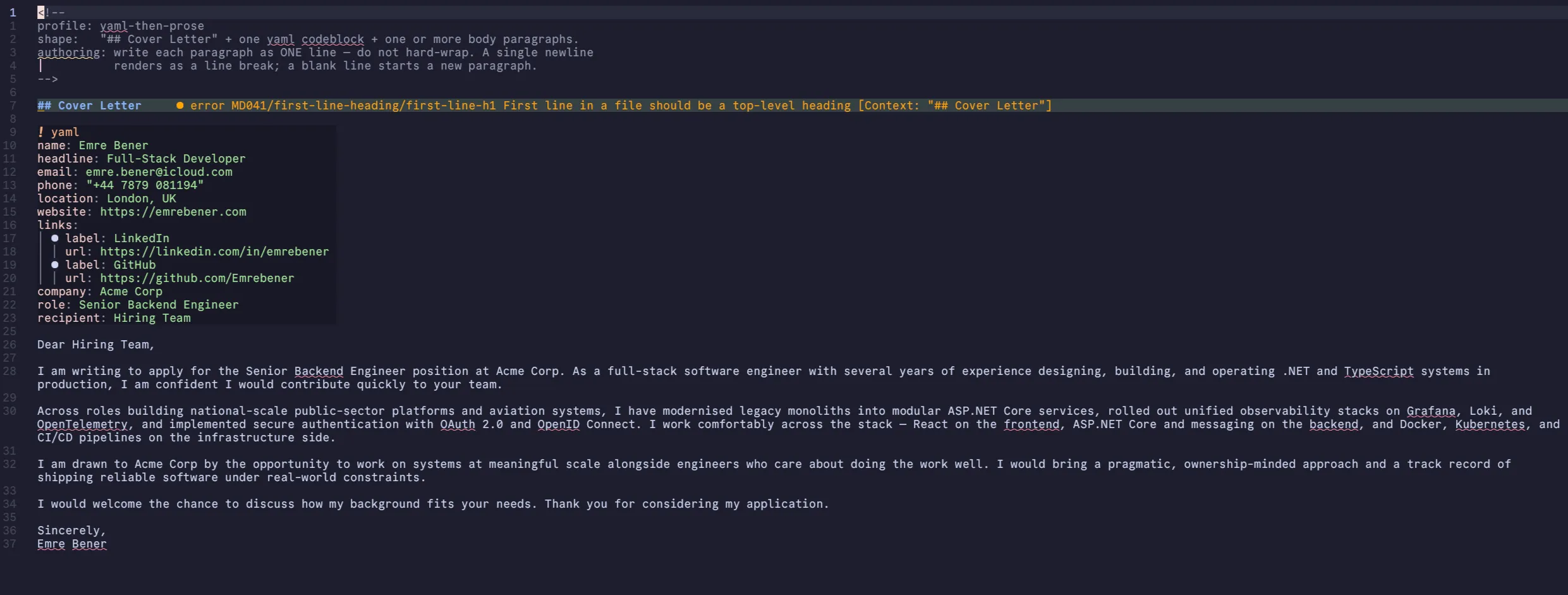 Cover letter in markdown format